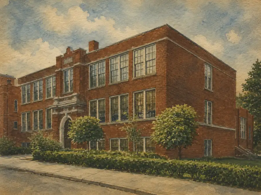 Artist rendition of the old Barnesville Junior High School building. It is made of brick, and has a hedge and a few small trees in front of it.
